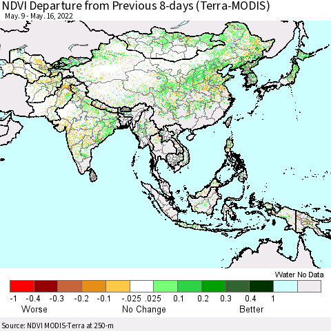 Asia NDVI Departure from Previous 8-days (Terra-MODIS) Thematic Map For 5/9/2022 - 5/16/2022
