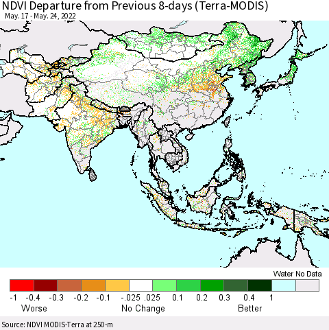 Asia NDVI Departure from Previous 8-days (Terra-MODIS) Thematic Map For 5/17/2022 - 5/24/2022