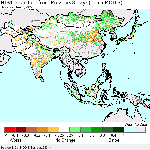 Asia NDVI Departure from Previous 8-days (Terra-MODIS) Thematic Map For 5/25/2022 - 6/1/2022