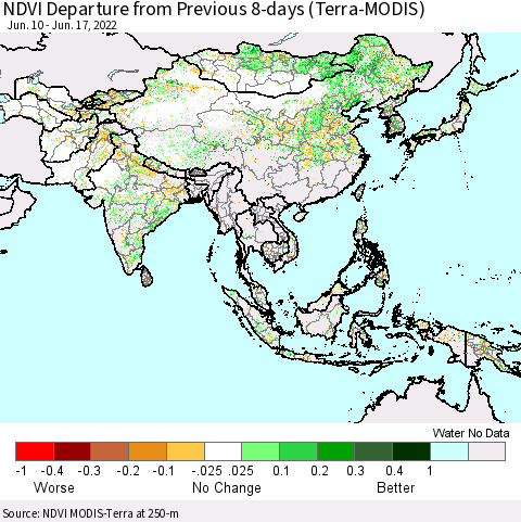 Asia NDVI Departure from Previous 8-days (Terra-MODIS) Thematic Map For 6/10/2022 - 6/17/2022