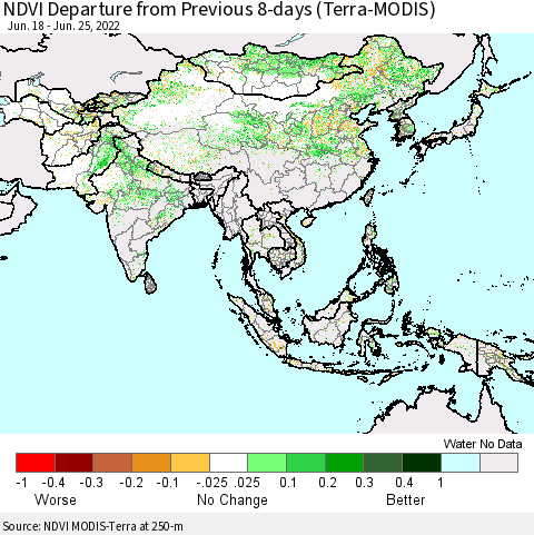 Asia NDVI Departure from Previous 8-days (Terra-MODIS) Thematic Map For 6/18/2022 - 6/25/2022