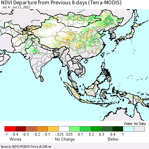 Asia NDVI Departure from Previous 8-days (Terra-MODIS) Thematic Map For 7/4/2022 - 7/11/2022