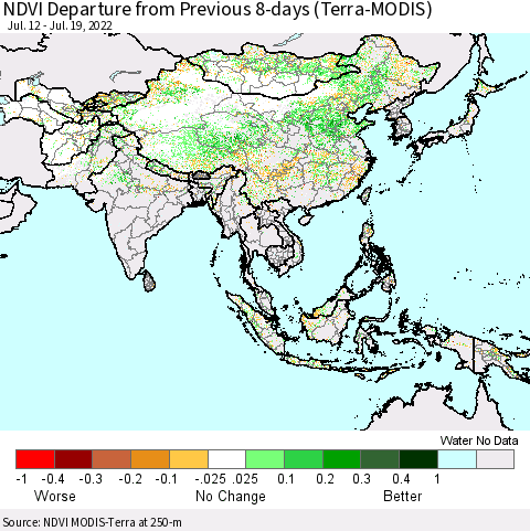 Asia NDVI Departure from Previous 8-days (Terra-MODIS) Thematic Map For 7/12/2022 - 7/19/2022