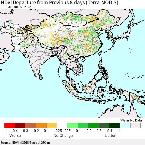 Asia NDVI Departure from Previous 8-days (Terra-MODIS) Thematic Map For 7/20/2022 - 7/27/2022