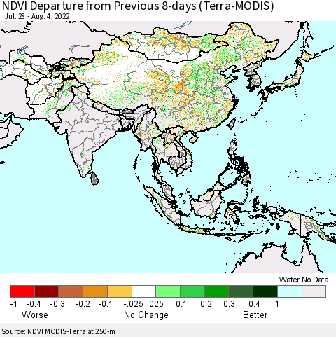 Asia NDVI Departure from Previous 8-days (Terra-MODIS) Thematic Map For 7/28/2022 - 8/4/2022