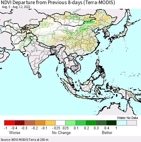 Asia NDVI Departure from Previous 8-days (Terra-MODIS) Thematic Map For 8/5/2022 - 8/12/2022