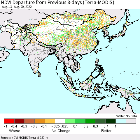 Asia NDVI Departure from Previous 8-days (Terra-MODIS) Thematic Map For 8/13/2022 - 8/20/2022
