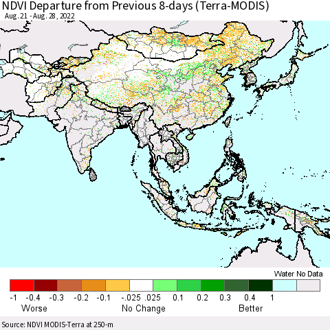 Asia NDVI Departure from Previous 8-days (Terra-MODIS) Thematic Map For 8/21/2022 - 8/28/2022