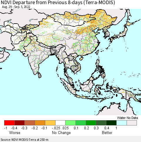 Asia NDVI Departure from Previous 8-days (Terra-MODIS) Thematic Map For 8/29/2022 - 9/5/2022