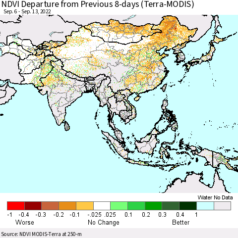 Asia NDVI Departure from Previous 8-days (Terra-MODIS) Thematic Map For 9/6/2022 - 9/13/2022