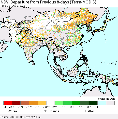 Asia NDVI Departure from Previous 8-days (Terra-MODIS) Thematic Map For 9/30/2022 - 10/7/2022