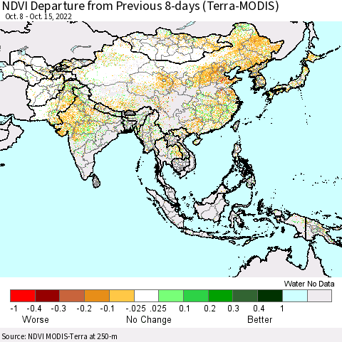 Asia NDVI Departure from Previous 8-days (Terra-MODIS) Thematic Map For 10/8/2022 - 10/15/2022