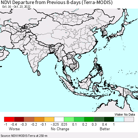 Asia NDVI Departure from Previous 8-days (Terra-MODIS) Thematic Map For 10/16/2022 - 10/23/2022