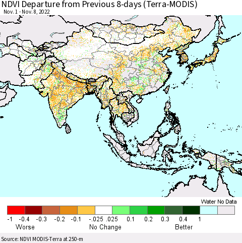Asia NDVI Departure from Previous 8-days (Terra-MODIS) Thematic Map For 11/1/2022 - 11/8/2022
