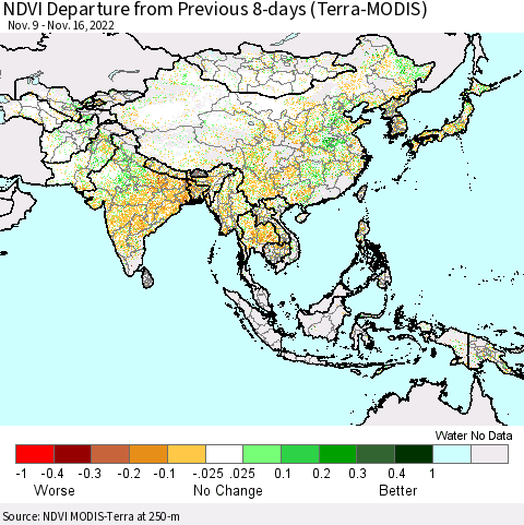 Asia NDVI Departure from Previous 8-days (Terra-MODIS) Thematic Map For 11/9/2022 - 11/16/2022