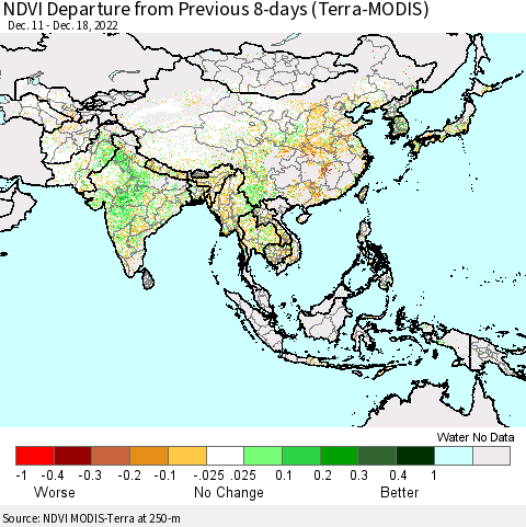 Asia NDVI Departure from Previous 8-days (Terra-MODIS) Thematic Map For 12/11/2022 - 12/18/2022