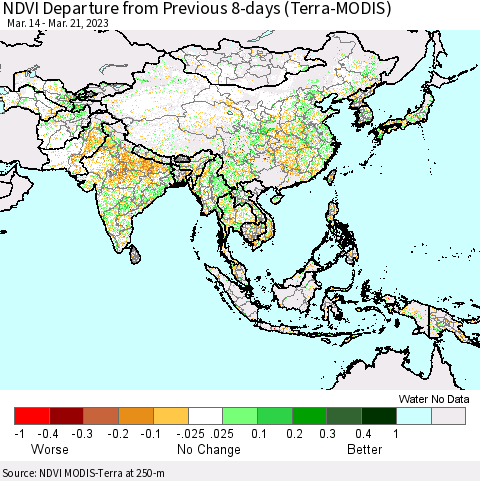 Asia NDVI Departure from Previous 8-days (Terra-MODIS) Thematic Map For 3/14/2023 - 3/21/2023