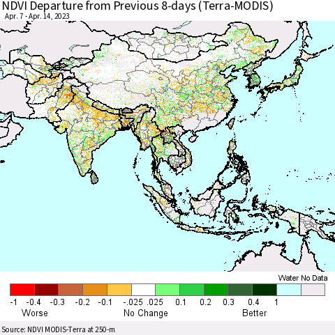 Asia NDVI Departure from Previous 8-days (Terra-MODIS) Thematic Map For 4/7/2023 - 4/14/2023