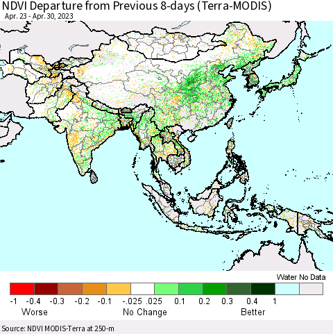 Asia NDVI Departure from Previous 8-days (Terra-MODIS) Thematic Map For 4/23/2023 - 4/30/2023