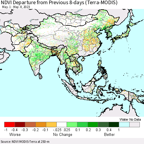 Asia NDVI Departure from Previous 8-days (Terra-MODIS) Thematic Map For 5/1/2023 - 5/8/2023