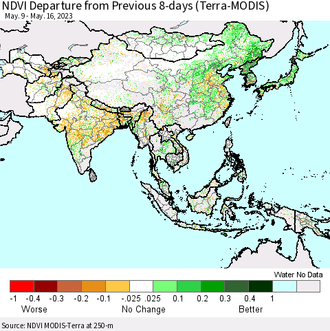 Asia NDVI Departure from Previous 8-days (Terra-MODIS) Thematic Map For 5/9/2023 - 5/16/2023