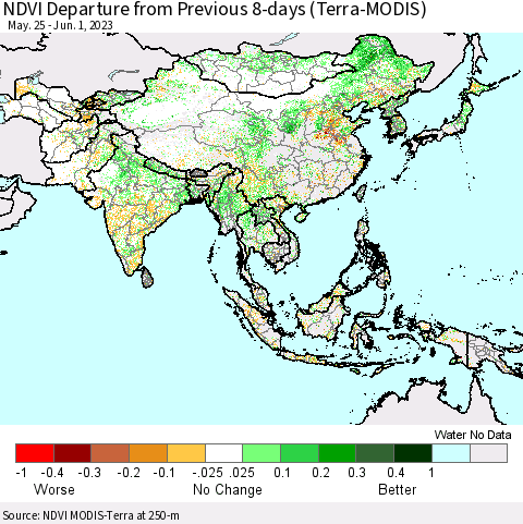 Asia NDVI Departure from Previous 8-days (Terra-MODIS) Thematic Map For 5/25/2023 - 6/1/2023