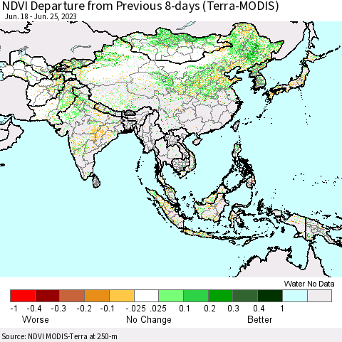 Asia NDVI Departure from Previous 8-days (Terra-MODIS) Thematic Map For 6/18/2023 - 6/25/2023