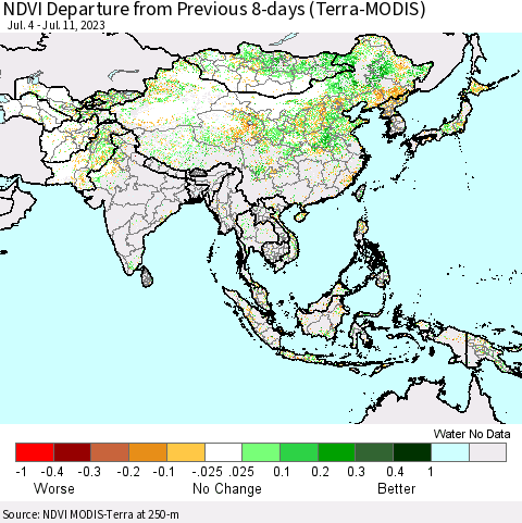 Asia NDVI Departure from Previous 8-days (Terra-MODIS) Thematic Map For 7/4/2023 - 7/11/2023