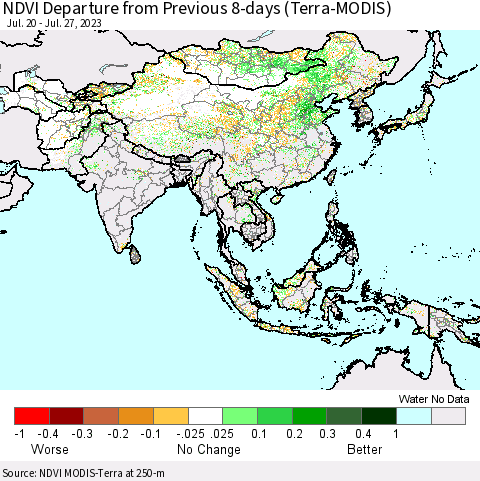Asia NDVI Departure from Previous 8-days (Terra-MODIS) Thematic Map For 7/20/2023 - 7/27/2023