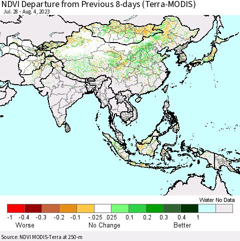 Asia NDVI Departure from Previous 8-days (Terra-MODIS) Thematic Map For 7/28/2023 - 8/4/2023