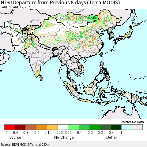 Asia NDVI Departure from Previous 8-days (Terra-MODIS) Thematic Map For 8/5/2023 - 8/12/2023