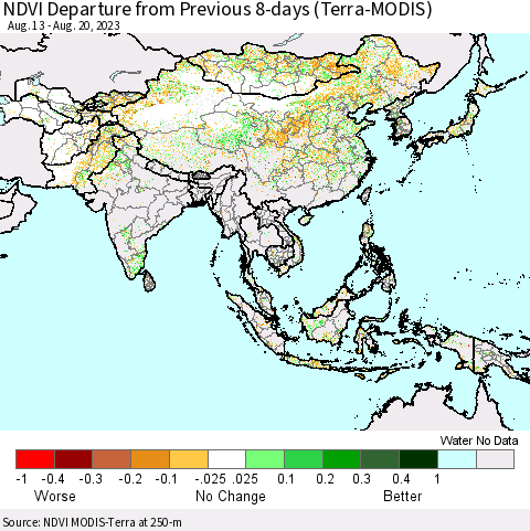 Asia NDVI Departure from Previous 8-days (Terra-MODIS) Thematic Map For 8/13/2023 - 8/20/2023
