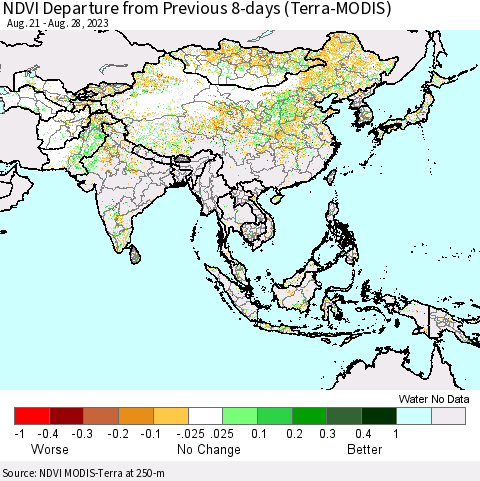 Asia NDVI Departure from Previous 8-days (Terra-MODIS) Thematic Map For 8/21/2023 - 8/28/2023