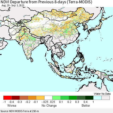 Asia NDVI Departure from Previous 8-days (Terra-MODIS) Thematic Map For 8/29/2023 - 9/5/2023