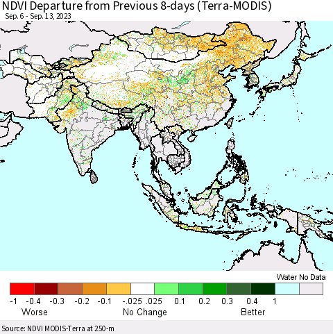 Asia NDVI Departure from Previous 8-days (Terra-MODIS) Thematic Map For 9/6/2023 - 9/13/2023