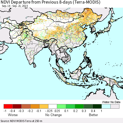 Asia NDVI Departure from Previous 8-days (Terra-MODIS) Thematic Map For 9/14/2023 - 9/21/2023