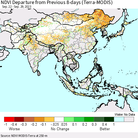 Asia NDVI Departure from Previous 8-days (Terra-MODIS) Thematic Map For 9/22/2023 - 9/29/2023