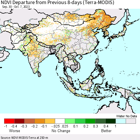 Asia NDVI Departure from Previous 8-days (Terra-MODIS) Thematic Map For 9/30/2023 - 10/7/2023