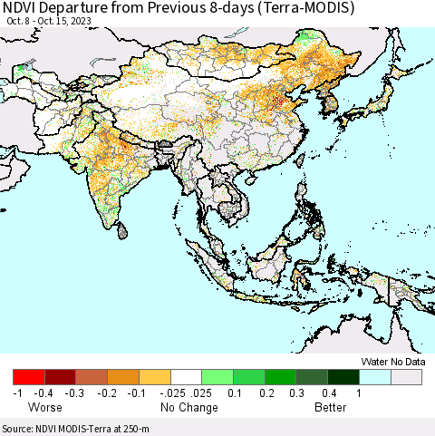 Asia NDVI Departure from Previous 8-days (Terra-MODIS) Thematic Map For 10/8/2023 - 10/15/2023