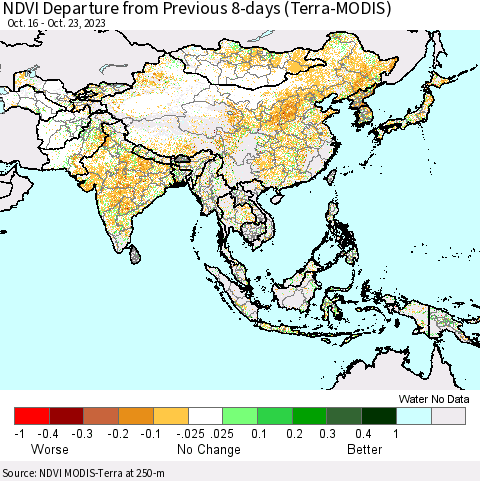 Asia NDVI Departure from Previous 8-days (Terra-MODIS) Thematic Map For 10/16/2023 - 10/23/2023