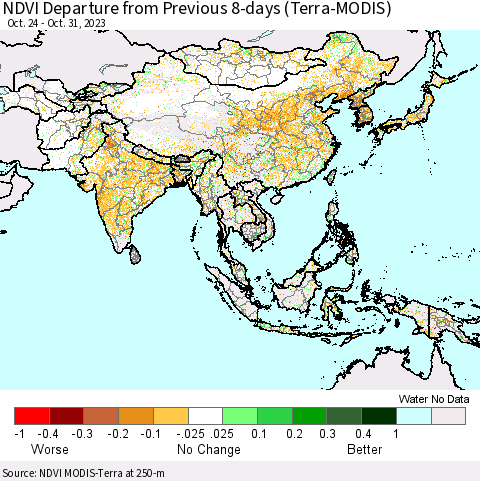 Asia NDVI Departure from Previous 8-days (Terra-MODIS) Thematic Map For 10/24/2023 - 10/31/2023