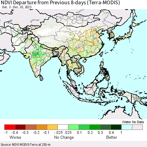 Asia NDVI Departure from Previous 8-days (Terra-MODIS) Thematic Map For 12/3/2023 - 12/10/2023