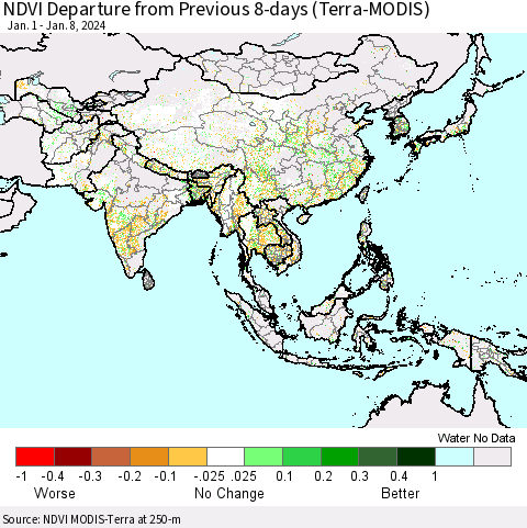 Asia NDVI Departure from Previous 8-days (Terra-MODIS) Thematic Map For 1/1/2024 - 1/8/2024