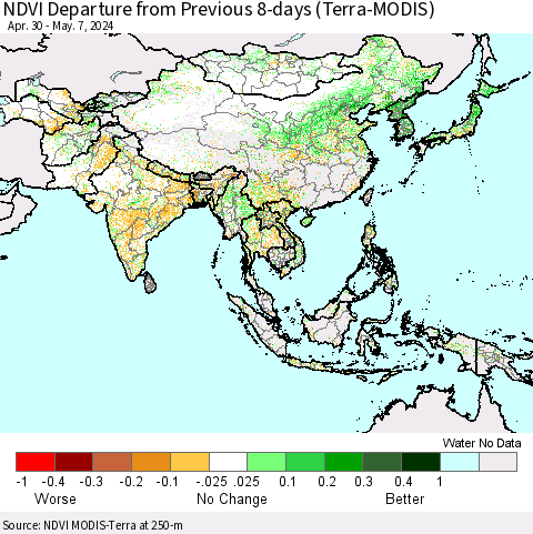 Asia NDVI Departure from Previous 8-days (Terra-MODIS) Thematic Map For 4/30/2024 - 5/7/2024