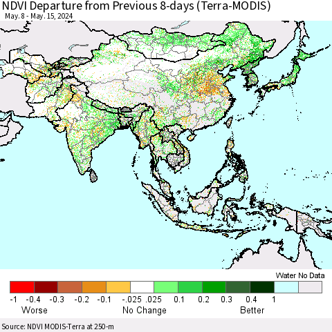 Asia NDVI Departure from Previous 8-days (Terra-MODIS) Thematic Map For 5/8/2024 - 5/15/2024