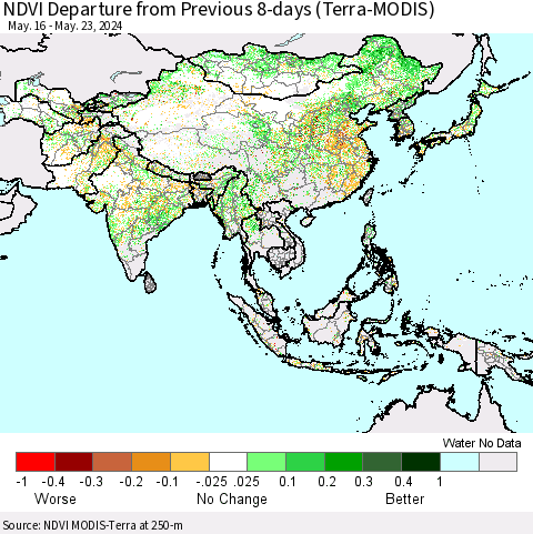 Asia NDVI Departure from Previous 8-days (Terra-MODIS) Thematic Map For 5/16/2024 - 5/23/2024