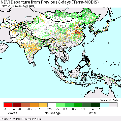 Asia NDVI Departure from Previous 8-days (Terra-MODIS) Thematic Map For 5/24/2024 - 5/31/2024