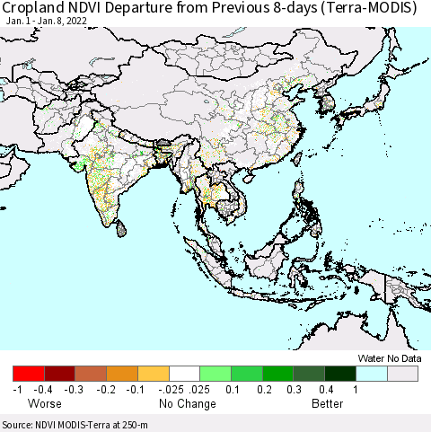 Asia Cropland NDVI Departure from Previous 8-days (Terra-MODIS) Thematic Map For 1/1/2022 - 1/8/2022