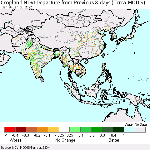 Asia Cropland NDVI Departure from Previous 8-days (Terra-MODIS) Thematic Map For 1/9/2022 - 1/16/2022