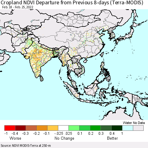 Asia Cropland NDVI Departure from Previous 8-days (Terra-MODIS) Thematic Map For 2/18/2022 - 2/25/2022
